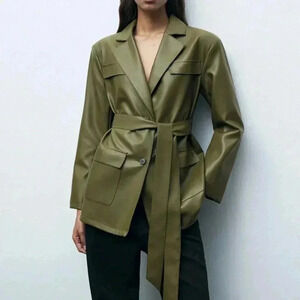 Army Green Elegant Women's Front Button Pocket Belted Long Sleeve Blazer Jacket